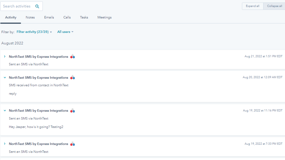 Log Timeline Events for Inbound and Outbound SMS